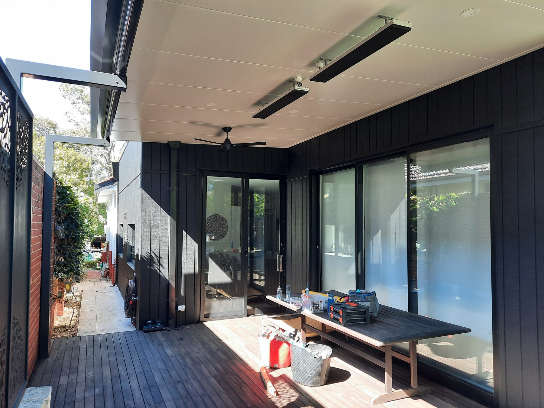 Cooldek patio roof with integrated lighting, fan and strip heating in Perth