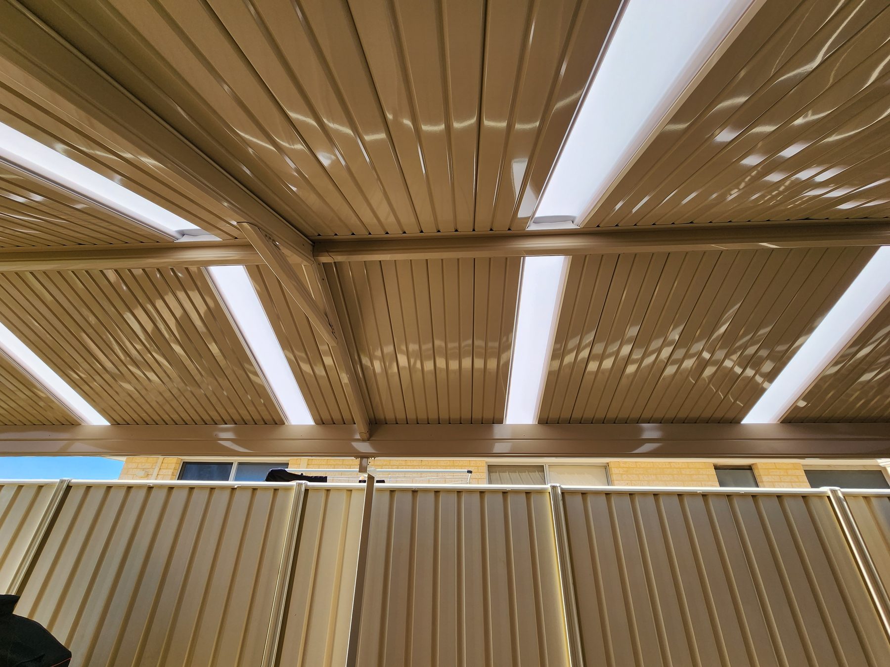 Underside of a Stratco Outback gable patio roof in Perth